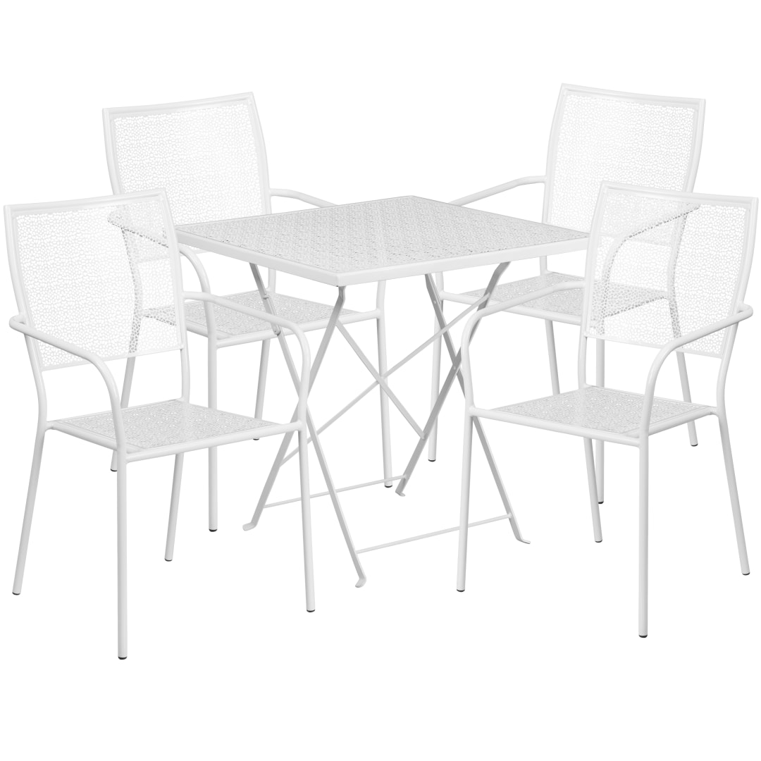 Oia Commercial Grade 28" Square White Indoor-Outdoor Steel Folding Patio Table Set with 4 Square Back Chairs