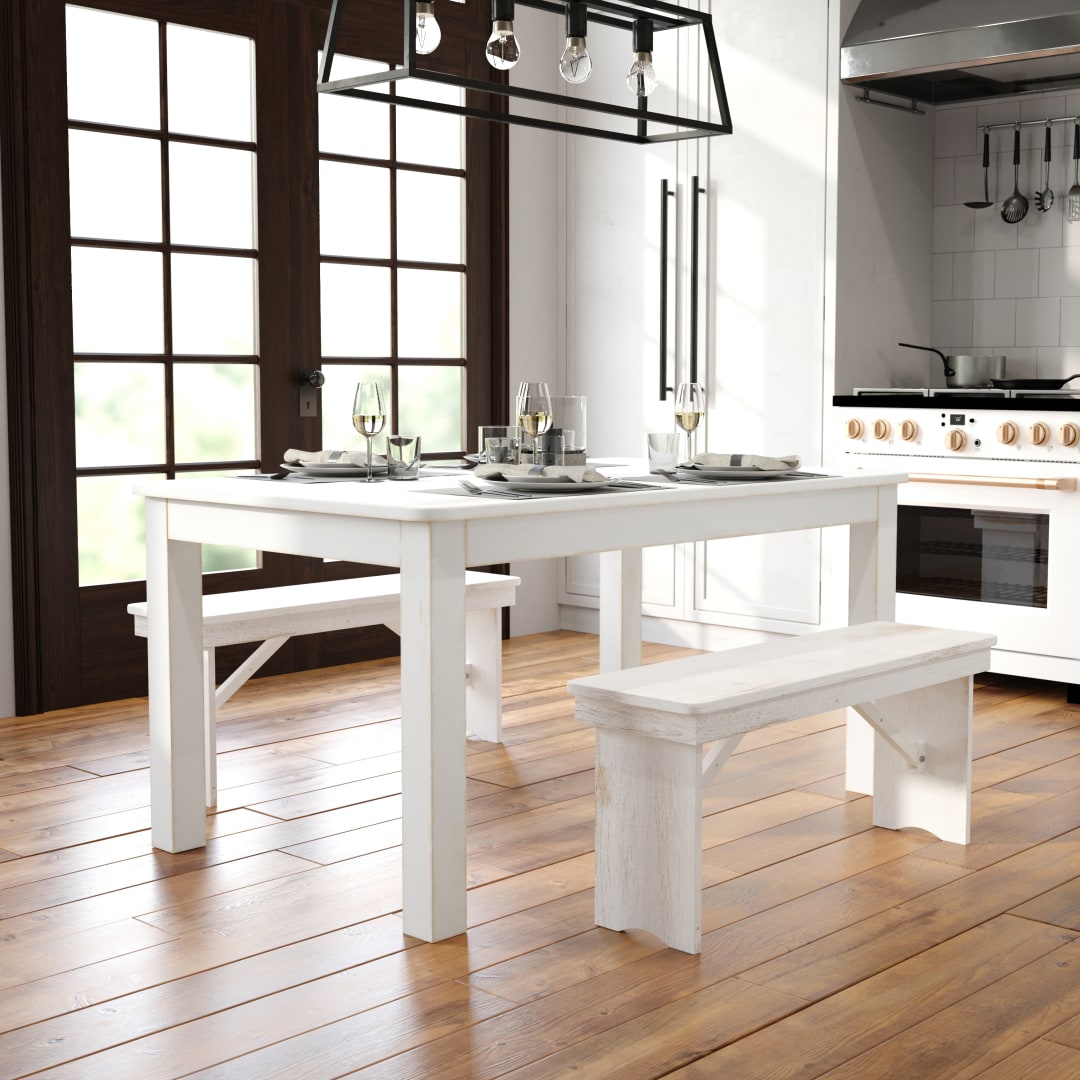 HERCULES Series 60" x 38" Rectangular Antique Rustic White Solid Pine Farm Dining Table