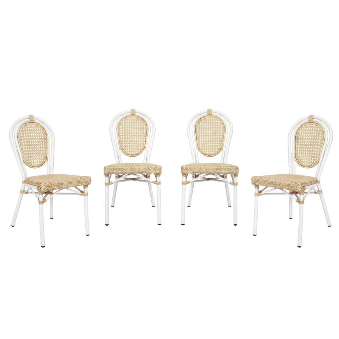 4 Pack Cannes Indoor/Outdoor Commercial Thonet Bistro Stacking Chair, Natural PE Cane Rattan and White Aluminum Frame