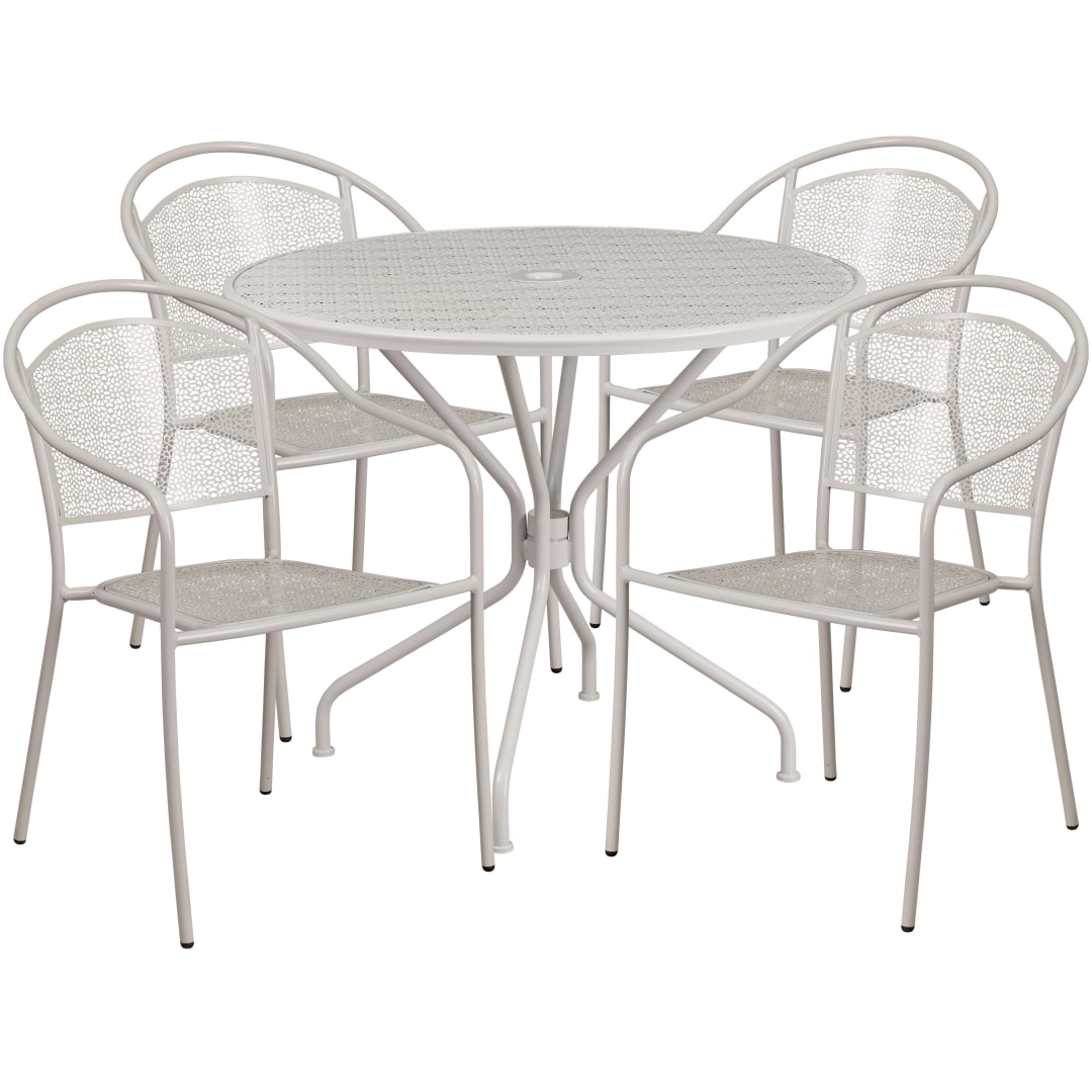 Oia Commercial Grade 35.25" Round Light Gray Indoor-Outdoor Steel Patio Table Set with 4 Round Back Chairs