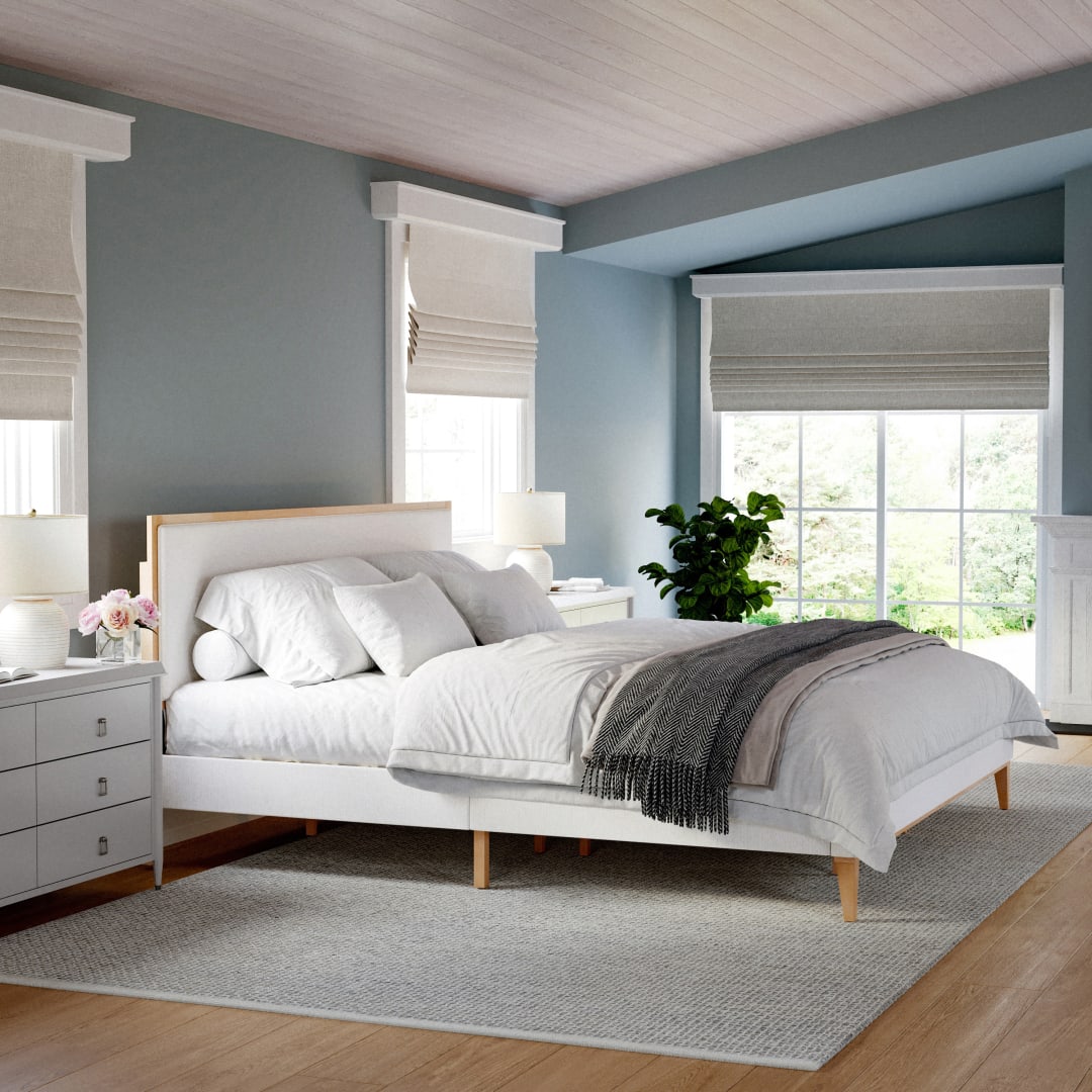 Flynn King Size Solid Wood Platform Bed with Upholstered Base and Inset Headboard, Wood Slat Bottom, No Box Spring Needed, Light Beech/Snow