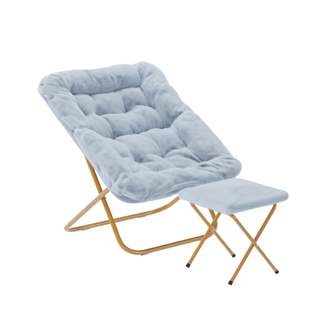 Archer 28" Oversized Portable Faux Fur Folding Saucer Chair with Folding Ottoman for Dorm, Bedroom, Dusty Aqua Faux Fur/Soft Gold Frame