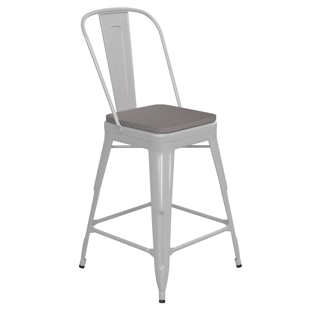 Kai Commercial Grade 24" High White Metal Indoor-Outdoor Counter Height Stool with Removable Back and Gray All-Weather Poly Resin Seat