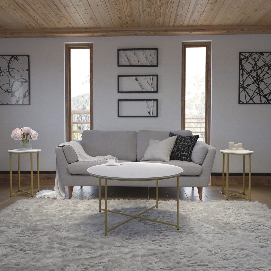 Hampstead Collection Coffee and End Table Set - White Marbled Laminate Top &amp; Brushed Gold Crisscross Frame, 3 Piece Table Set