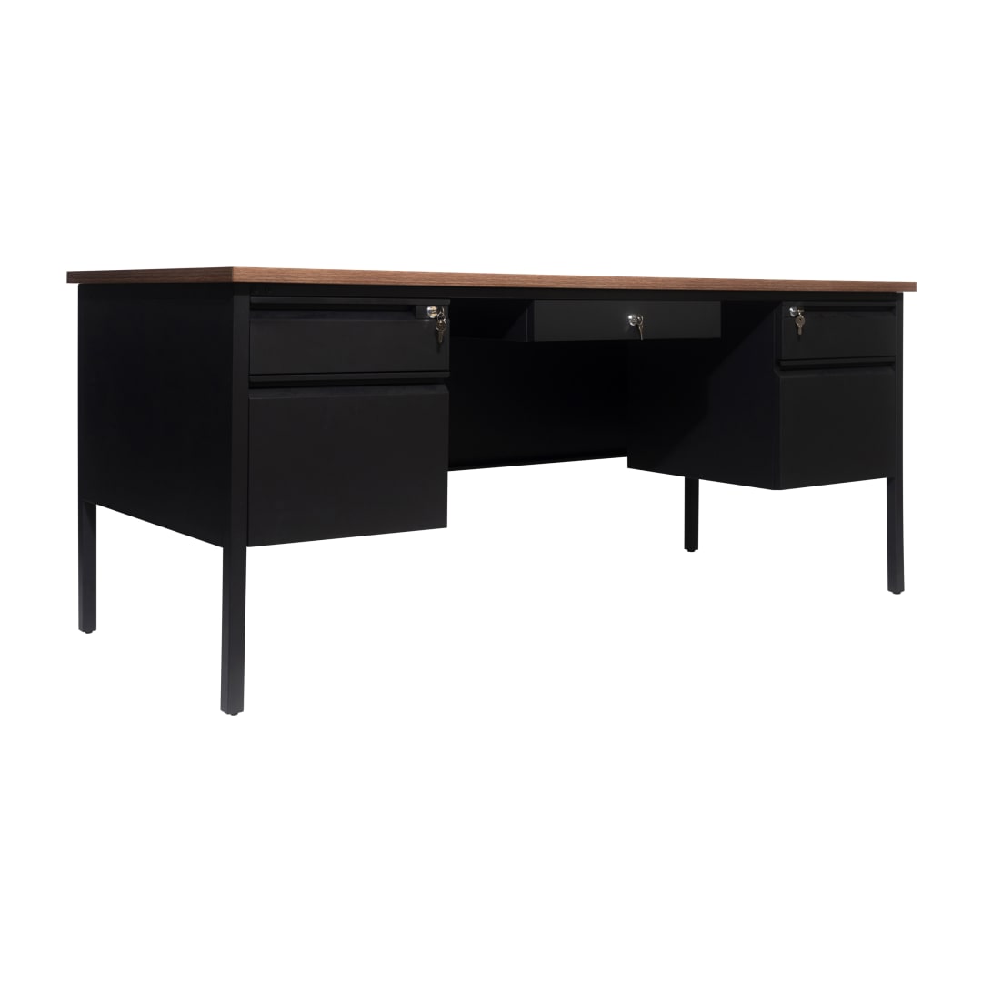 Cambridge Commercial Grade 30x70 Double Pedestal Desk with 5 Locking Drawers, Walnut Top and Black Frame