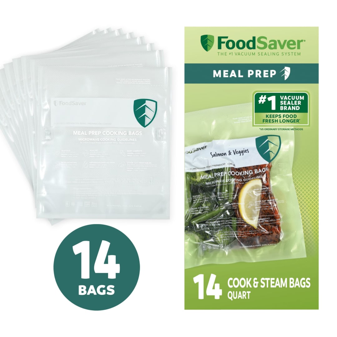 FoodSaver Microwavable Meal Prep Bags, 14 Count 1-Quart BPA-Free Vacuum Seal Bags, Cook-in-Bag for Freezer Storage and Sous Vide Cooking