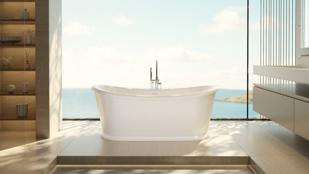 DreamLine Duet 68 7/8 in. L x 32 1/4 in. W x 26 3/4 in. H Acrylic Double Slipper Freestanding Tub, Chrome