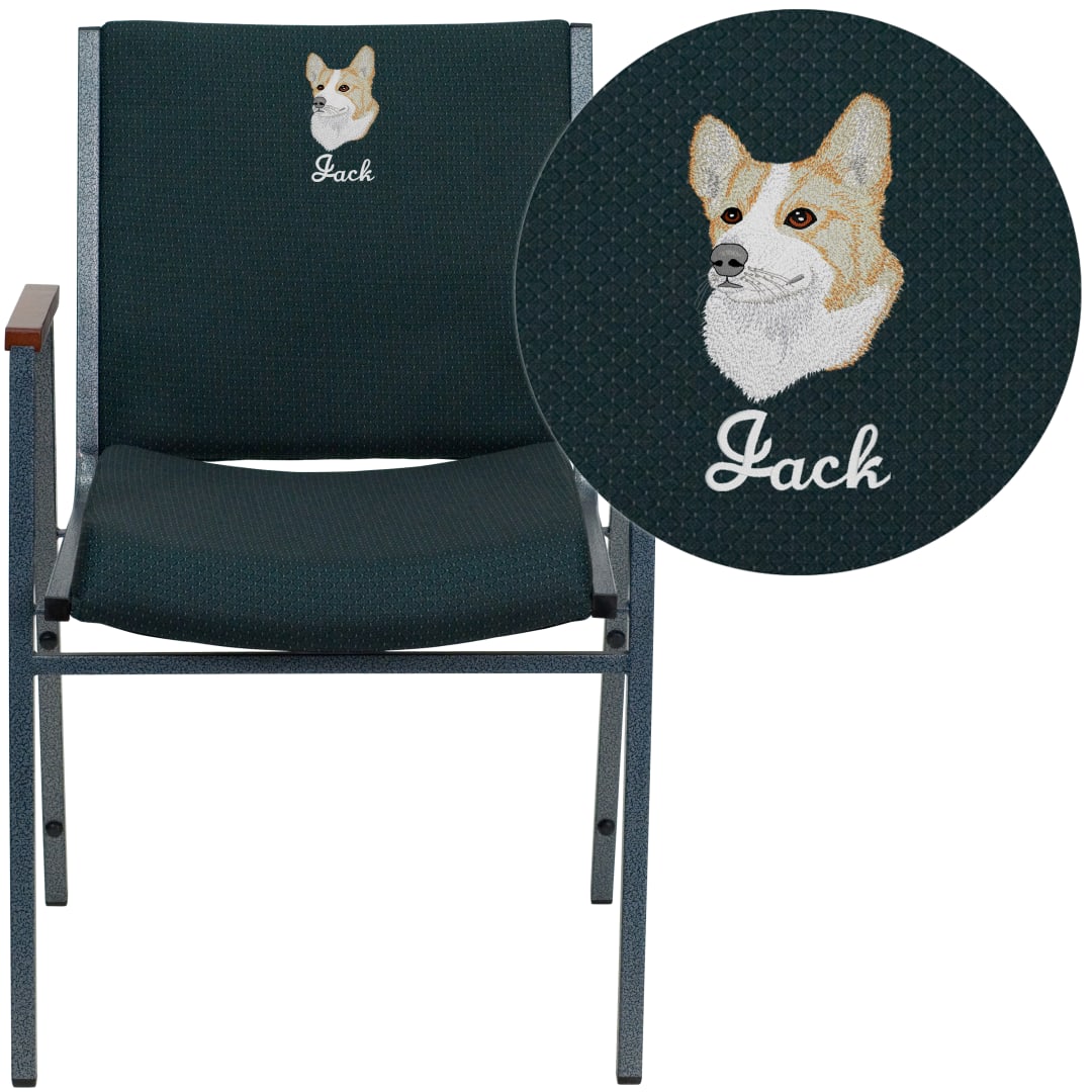Embroidered HERCULES Series Heavy Duty Green Patterned Fabric Stack Chair with Arms