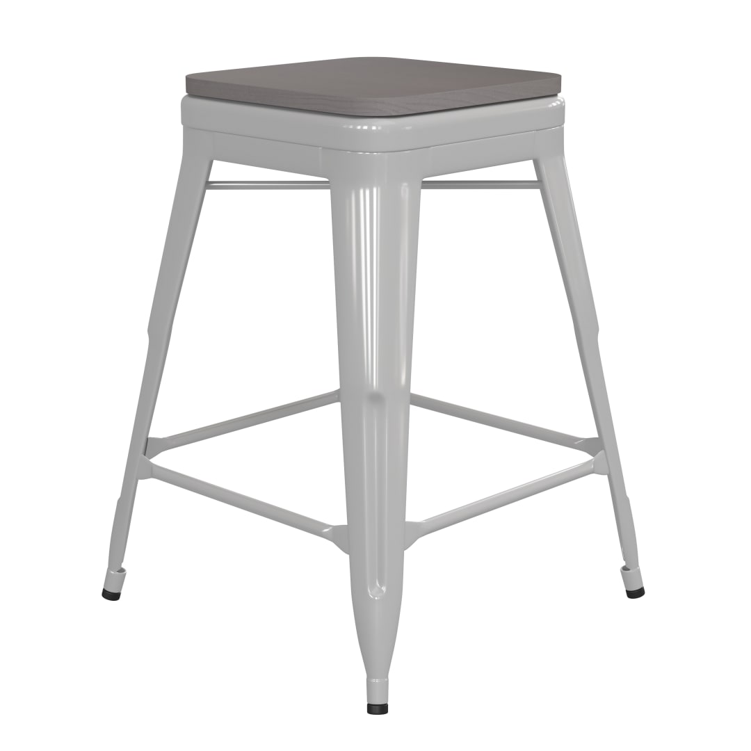 Kai Commercial Grade 24" High Backless White Metal Indoor-Outdoor Counter Height Stool with Gray Poly Resin Wood Seat