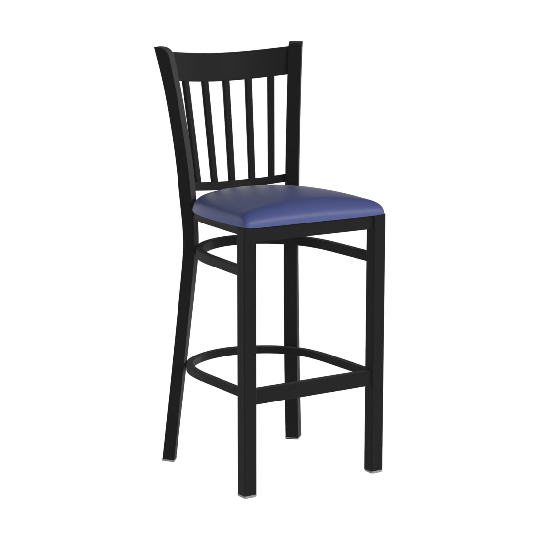 HERCULES Black Vertical Back Metal Restaurant Barstool - Blue Vinyl Seat