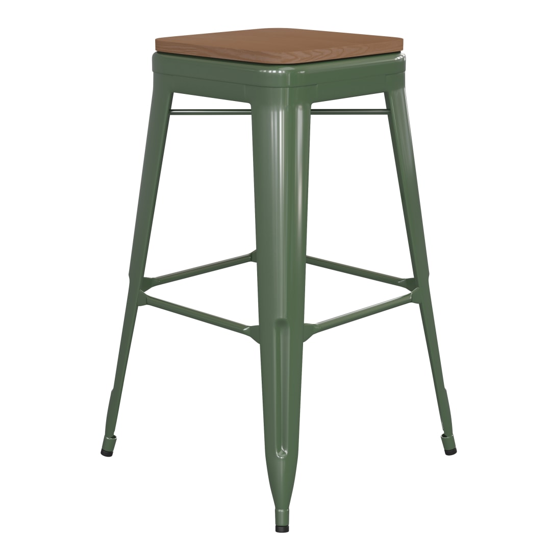 Kai Commercial Grade 30" High Backless Green Metal Indoor-Outdoor Barstool with Teak Poly Resin Wood Seat