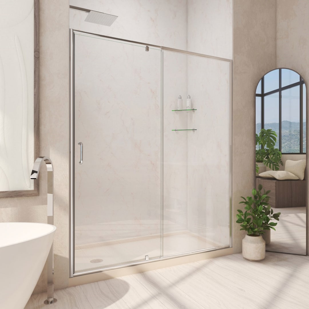 DreamLine Flex 32 inch D x 60 inch W x 74 3/4 inch H Semi-Frameless Pivot Shower Door in Chrome with Left Drain Biscuit Shower Base Kit