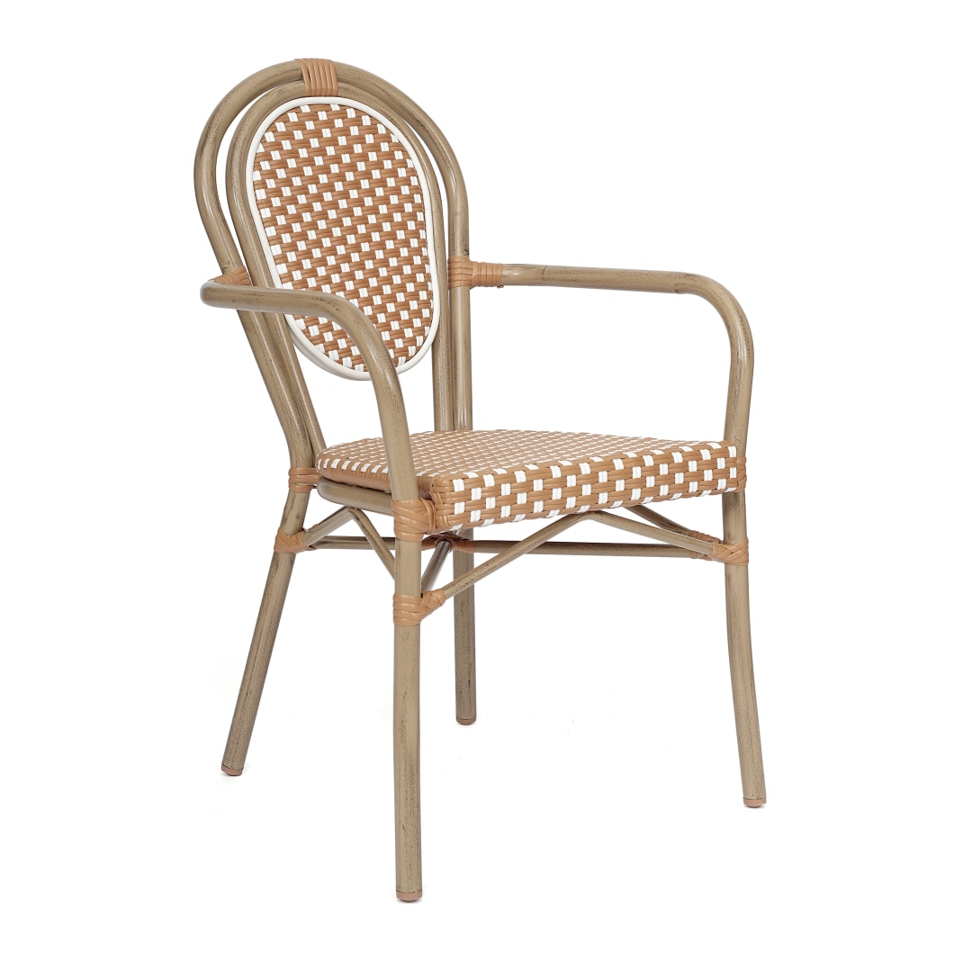 Lourdes Indoor/Outdoor Commercial Thonet Bistro Stacking Chair with Arms, Natural/White PE Rattan and Bamboo Print Aluminum Frame in Lt Natural