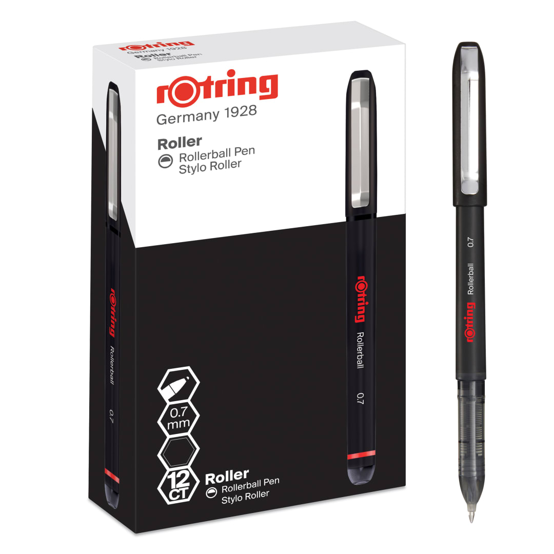 rOtring bolígrafo Roller | punta fina (0,7 mm) para una escritura limpia | tinta negra | 12 unidades