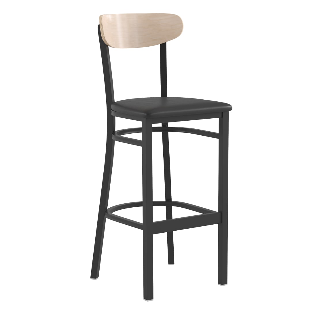 Wright Commercial Barstool with 500 LB. Capacity Black Steel Frame, Natural Birch Finish Wooden Boomerang Back, and Black Vinyl Seat