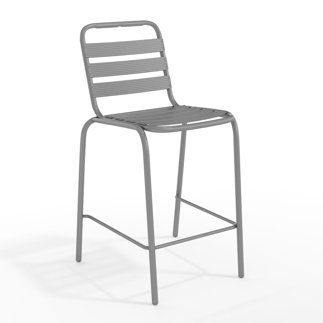 Lila Commercial Silver Metal Indoor-Outdoor Restaurant Bar Height Stool with Metal Triple Slat Back