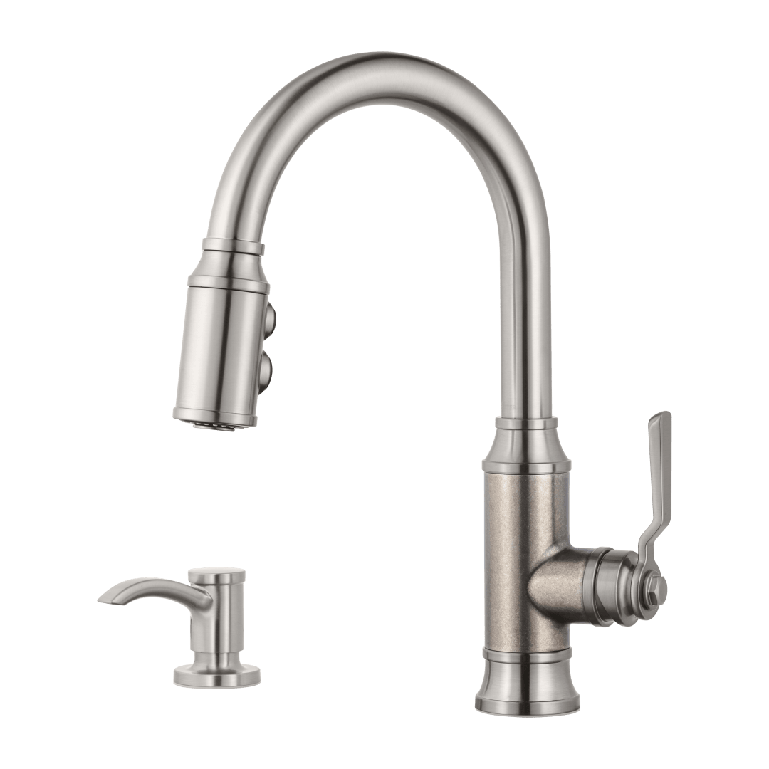 Breckenridge 1-Handle Pull-Down Kitchen Faucet with Soap Dispenser in Stainless Steel/Rustic Pewter