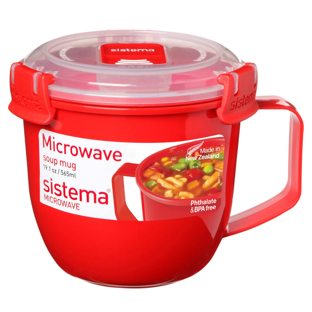 Sistema recipiente pequeño para sopa para microondas | Recipiente para alimentos apto para microondas | 565 ml | Sin BPA | Rojo/transparente