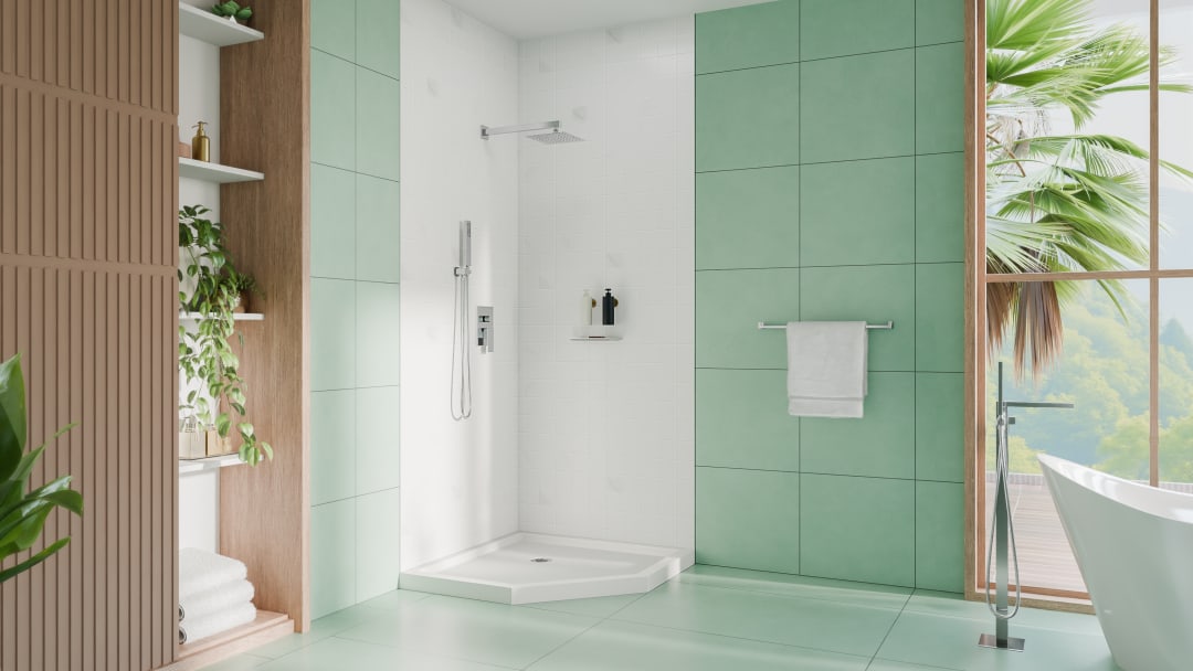 DreamLine SlimLine 36 inch D x 36 inch W x 2 3/4 inch H White Neo-Angle Shower Base with 2 inch Chrome Corner Round Drain