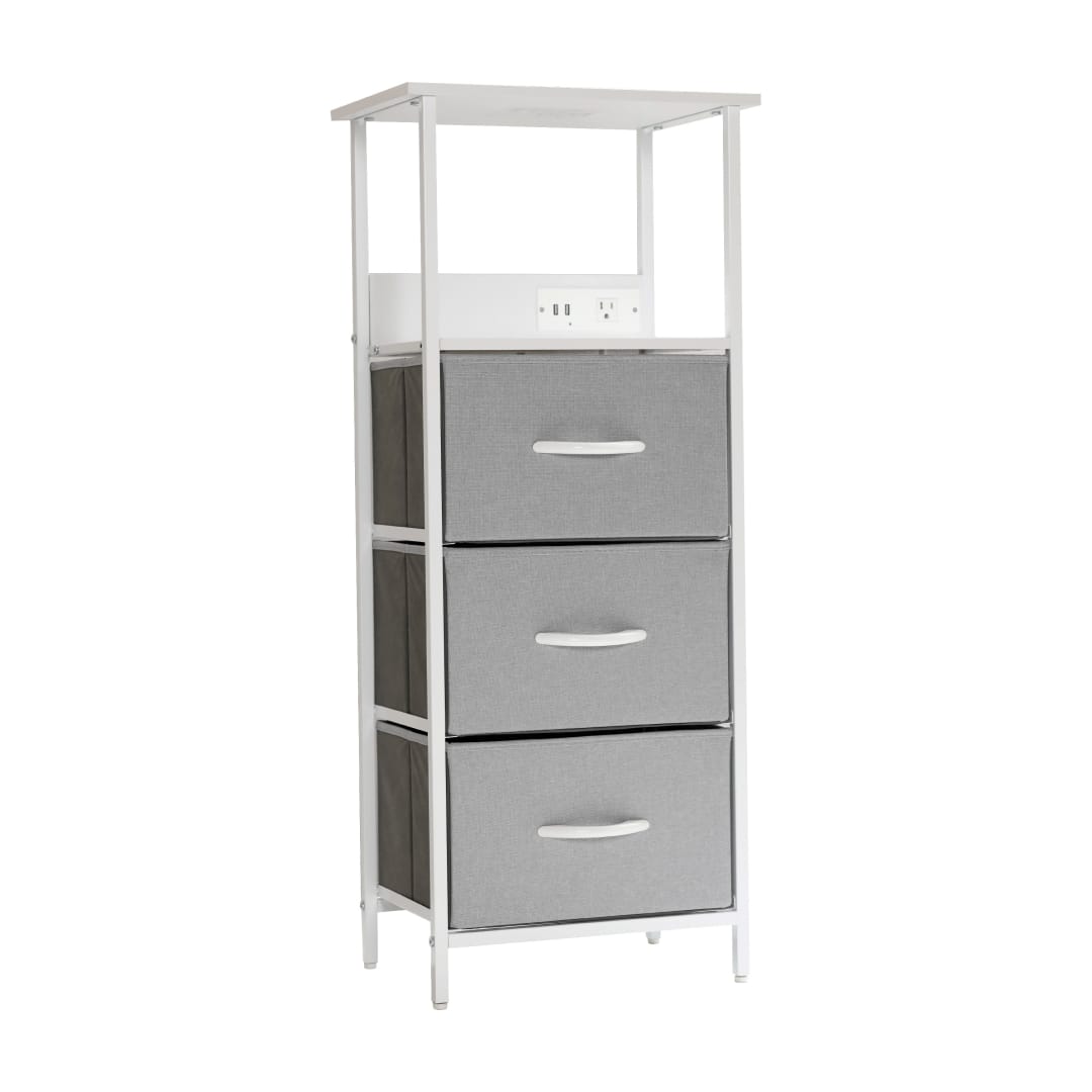 Sodano 3 Drawer Nightstand with Charging Station, 2 USB Ports, 1 Outlet, White Metal Frame, White Engineered Wood Top, Gray Drawers, White Handles