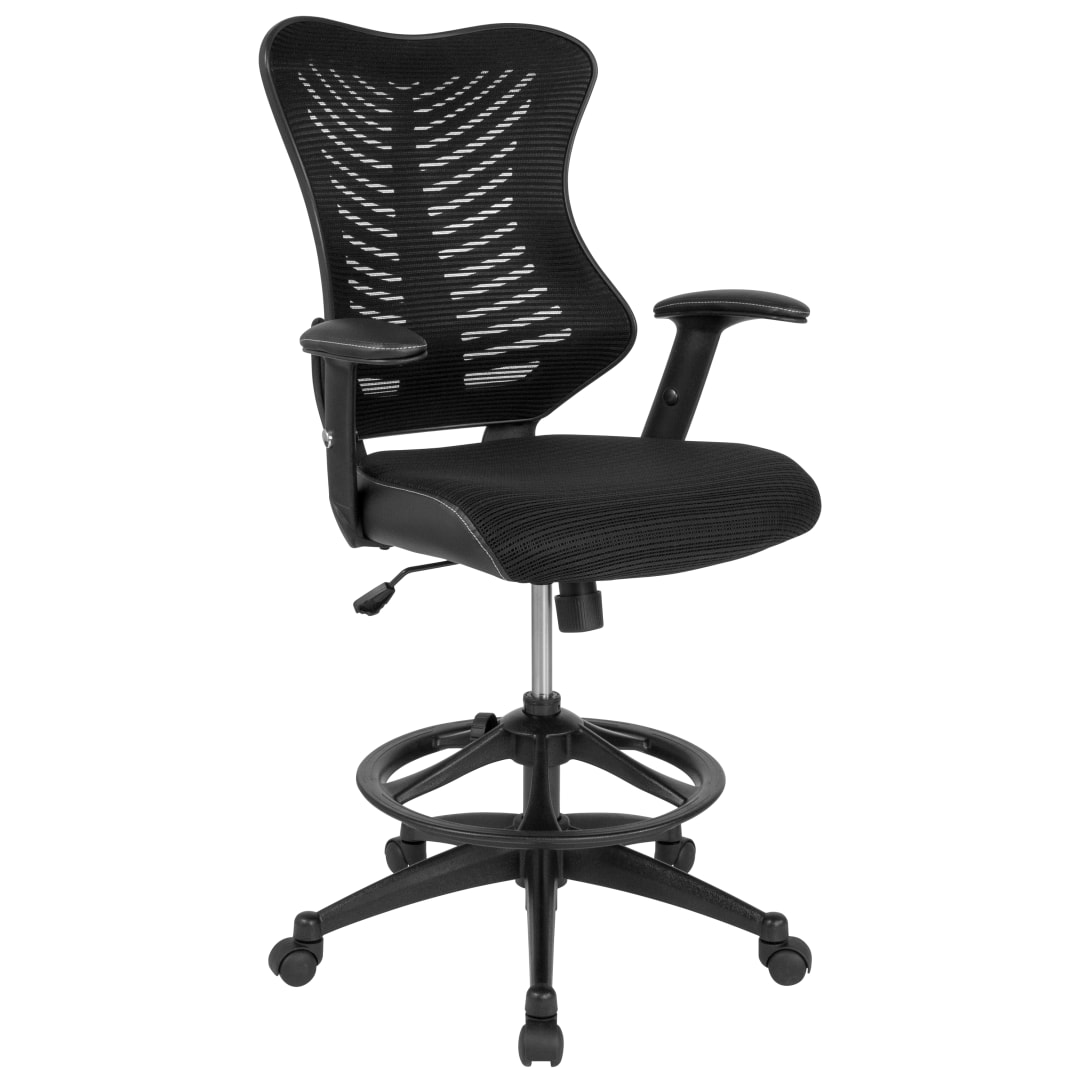 Waylon High Back Designer Black Mesh Drafting Chair with LeatherSoft Sides and Adjustable Arms