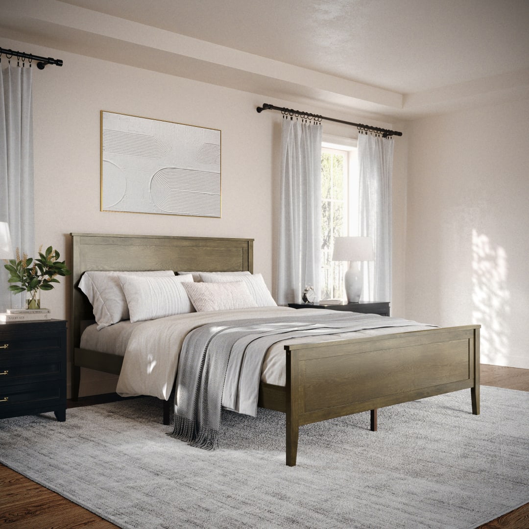 Corbin Queen Size Solid Wood Platform Bed with Wooden Headboard and Footboard, No Box Spring Needed, Brown Gray