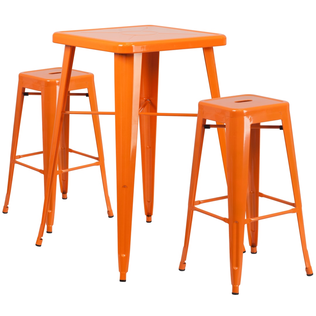 Stone Commercial Grade 23.75" Square Orange Metal Indoor-Outdoor Bar Table Set with 2 Square Seat Backless Stools