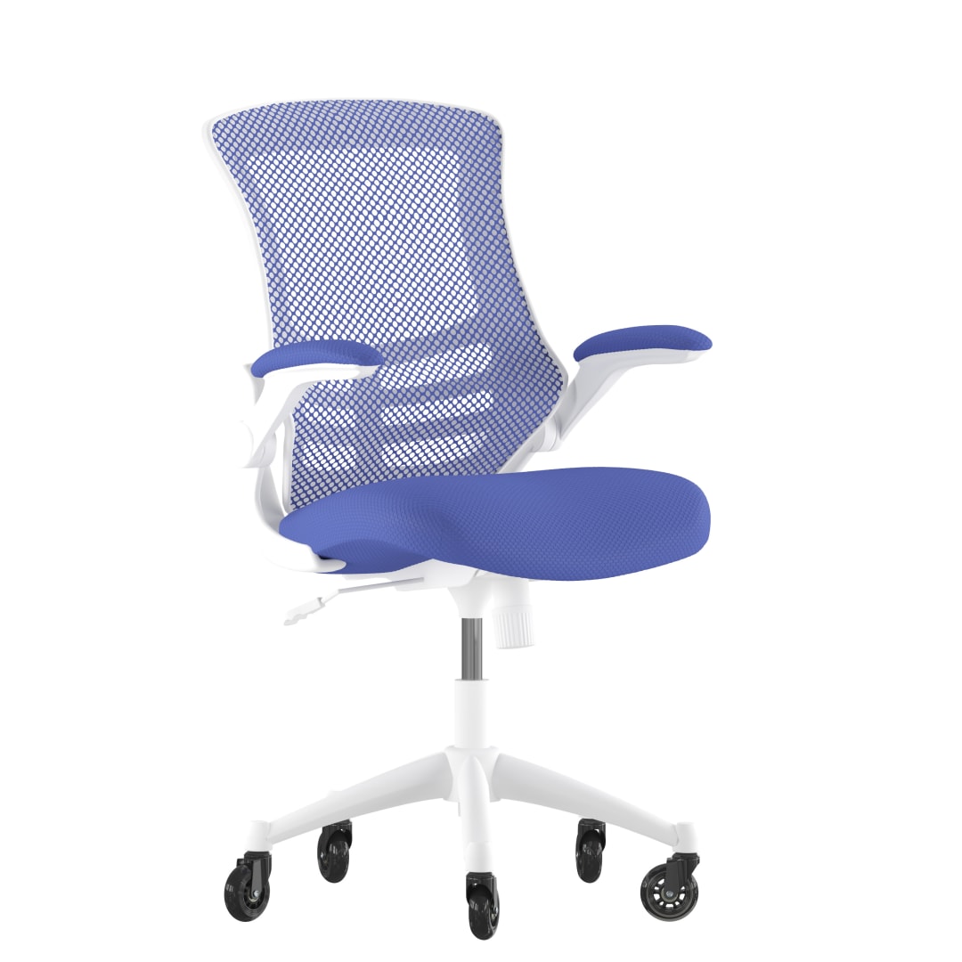 Kelista Mid-Back Blue Mesh Swivel Ergonomic Task Office Chair with White Frame, Flip-Up Arms, and Transparent Roller Wheels