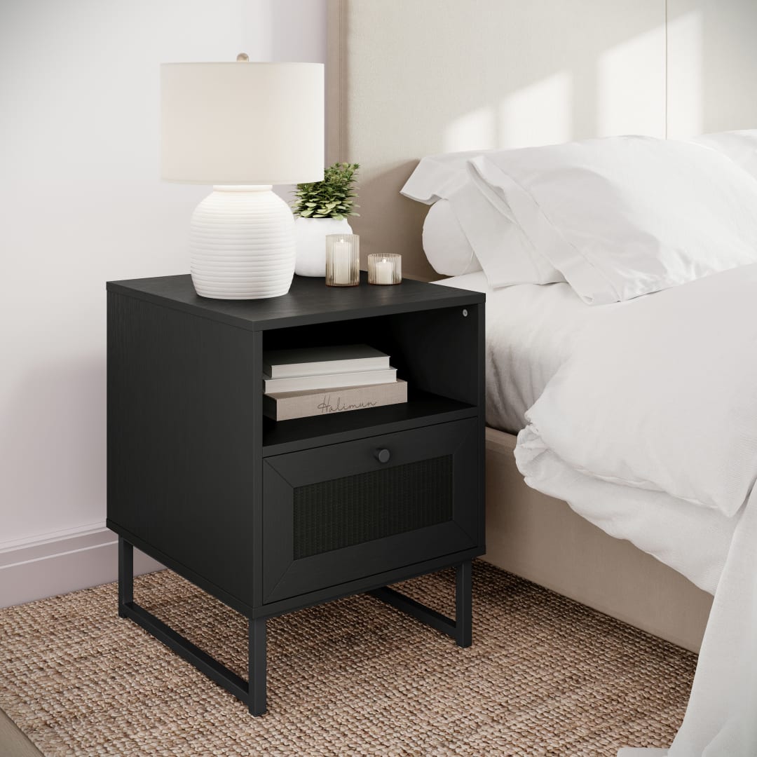 Malaki Mid-Century Modern Nightstand or End Table with Rattan Accented Drawer, Open Upper Shelf, and Metal Legs in Black