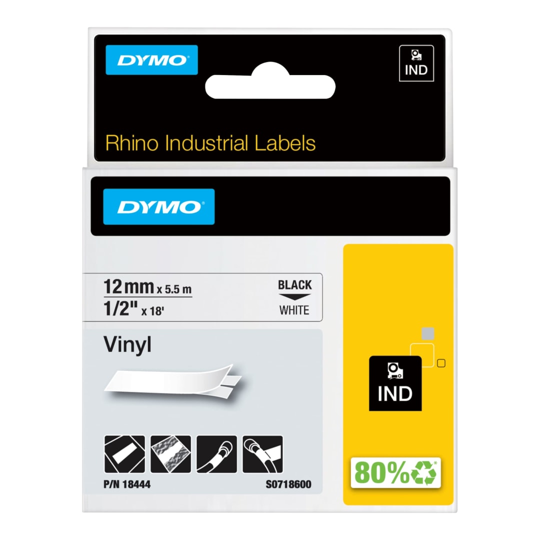 DYMO® Rhino Industrial Vinyl Labels, 1/2", Black Print on White Tape