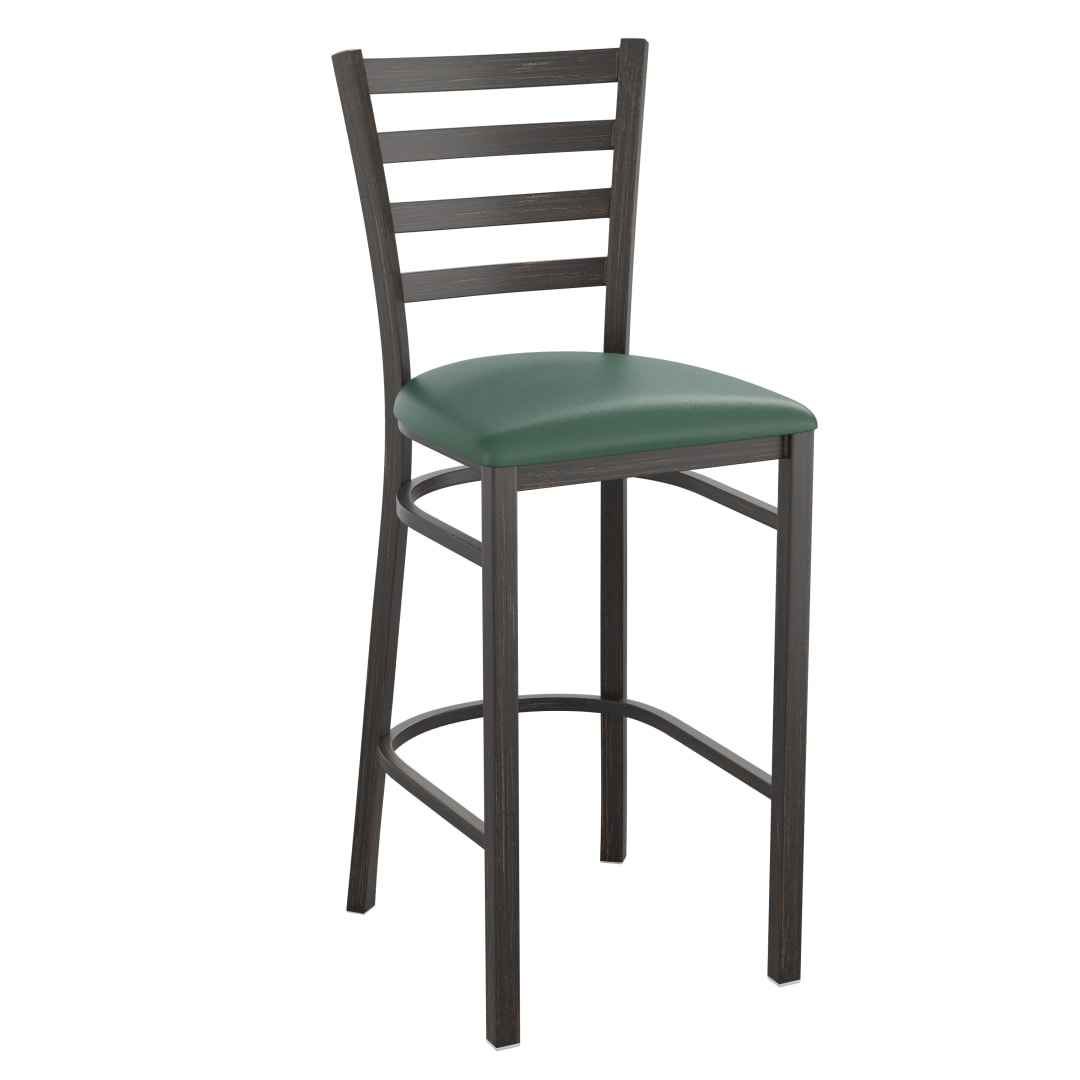 HERCULES Series Distressed Gold Ladder Back Metal Restaurant Barstool - Green Vinyl Seat