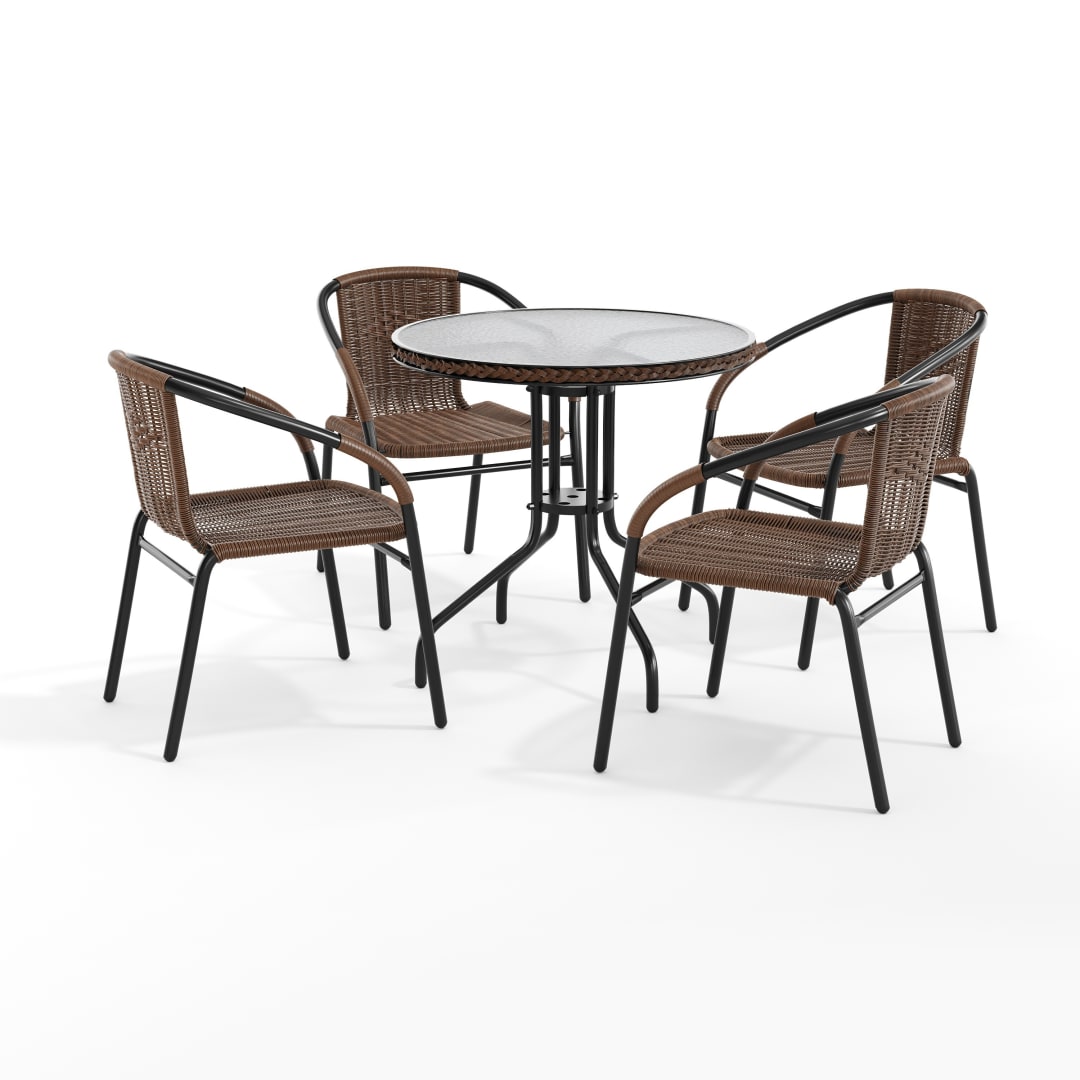 Lila 28'' Round Glass Metal Table with Dark Brown Rattan Edging and 4 Dark Brown Rattan Stack Chairs