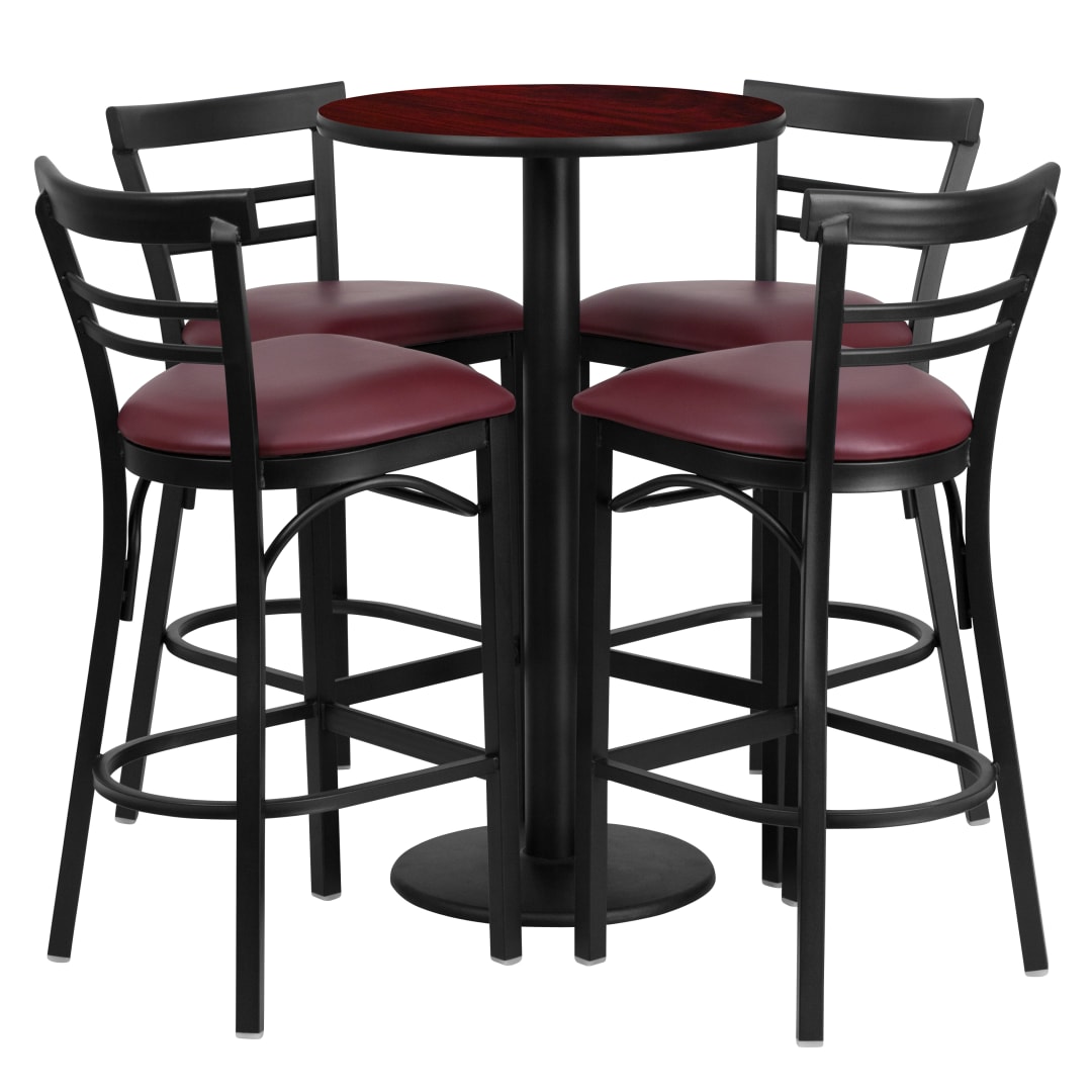 Jamie 24'' Round Mahogany Laminate Table Set with Round Base and 4 Two-Slat Ladder Back Metal Barstools - Burgundy Vinyl Seat