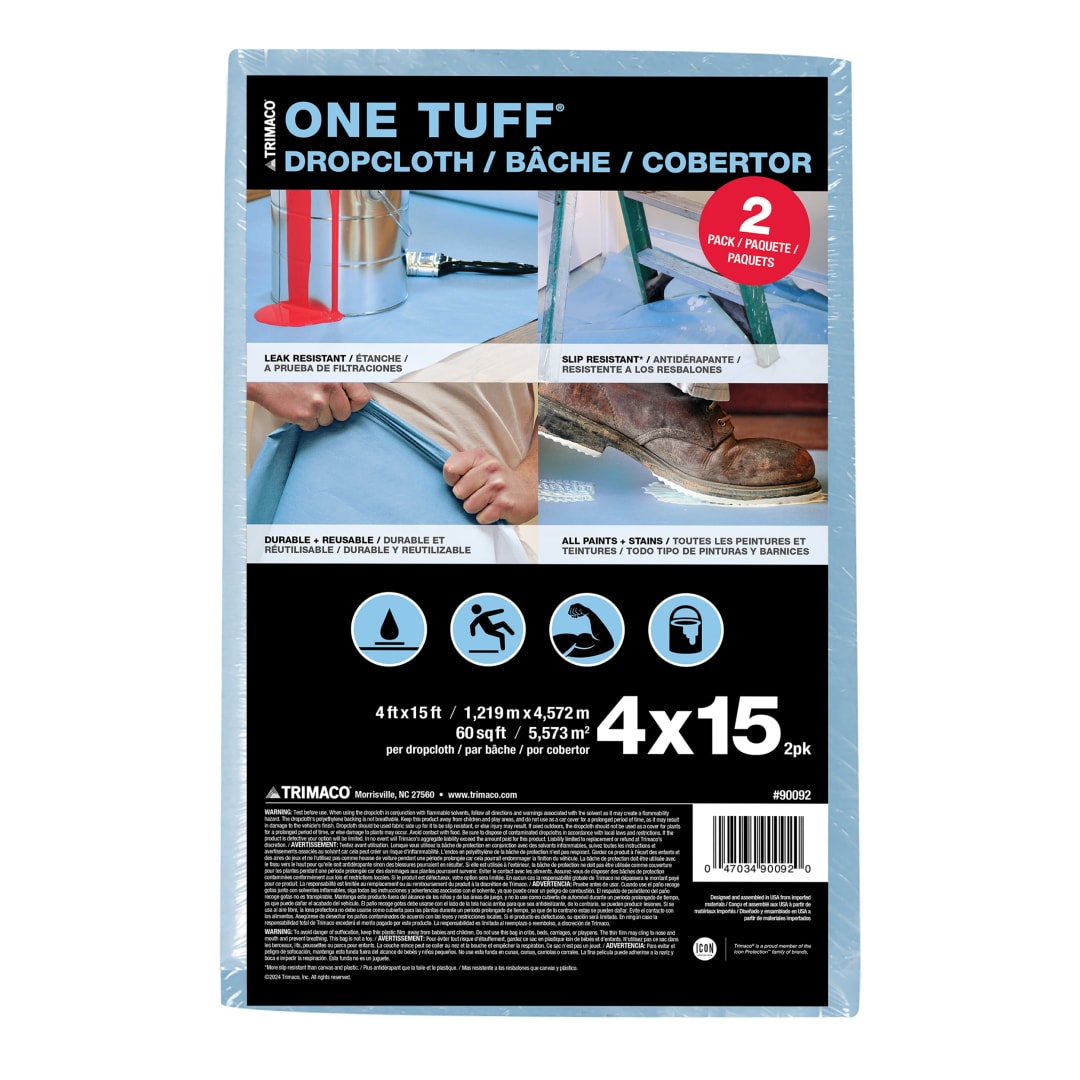 One Tuff ® Coated Dropcloth, 4'x15', 2pk