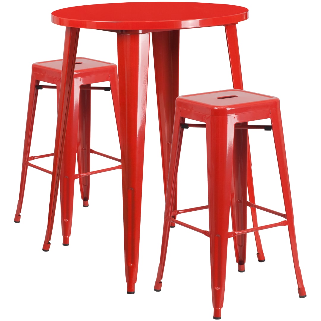 Boyd Commercial Grade 30" Round Red Metal Indoor-Outdoor Bar Table Set with 2 Square Seat Backless Stools