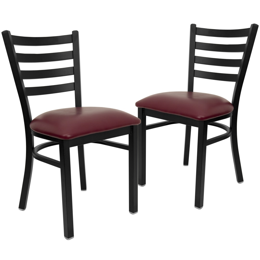 2 Pack HERCULES Series Black Ladder Back Metal Restaurant Chair - Burgundy Vinyl Seat