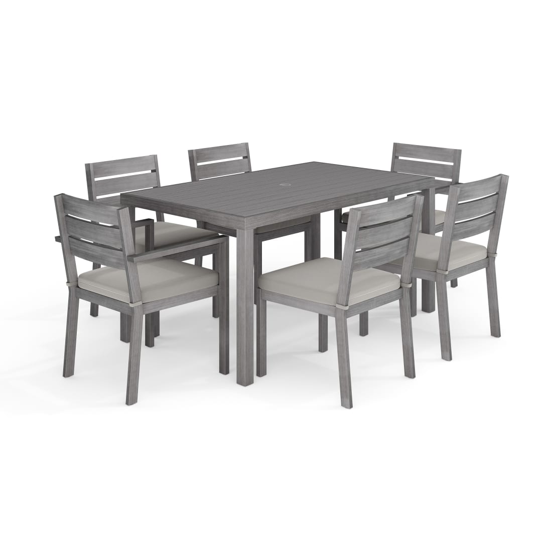 Bedford Indoor-Outdoor Patio Set with 62" Table and 6 Dining Chairs with Gray Brushed Woodgrain Aluminum Finish and Gray All-Weather Seat Cushions