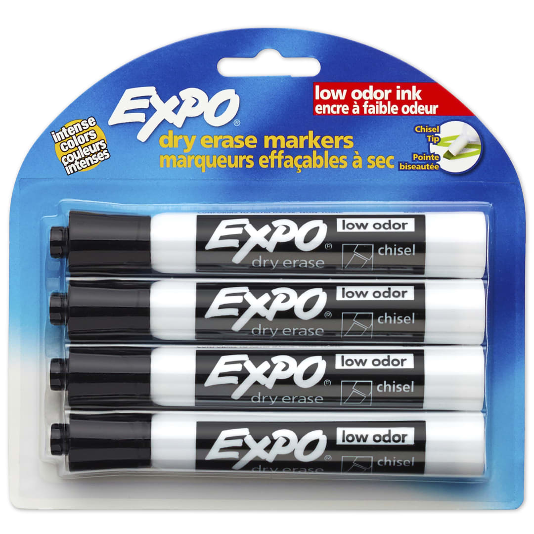 EXPO Dry Erase Markers, Low Odor Ink, Black, Chisel Tip, 4 Count