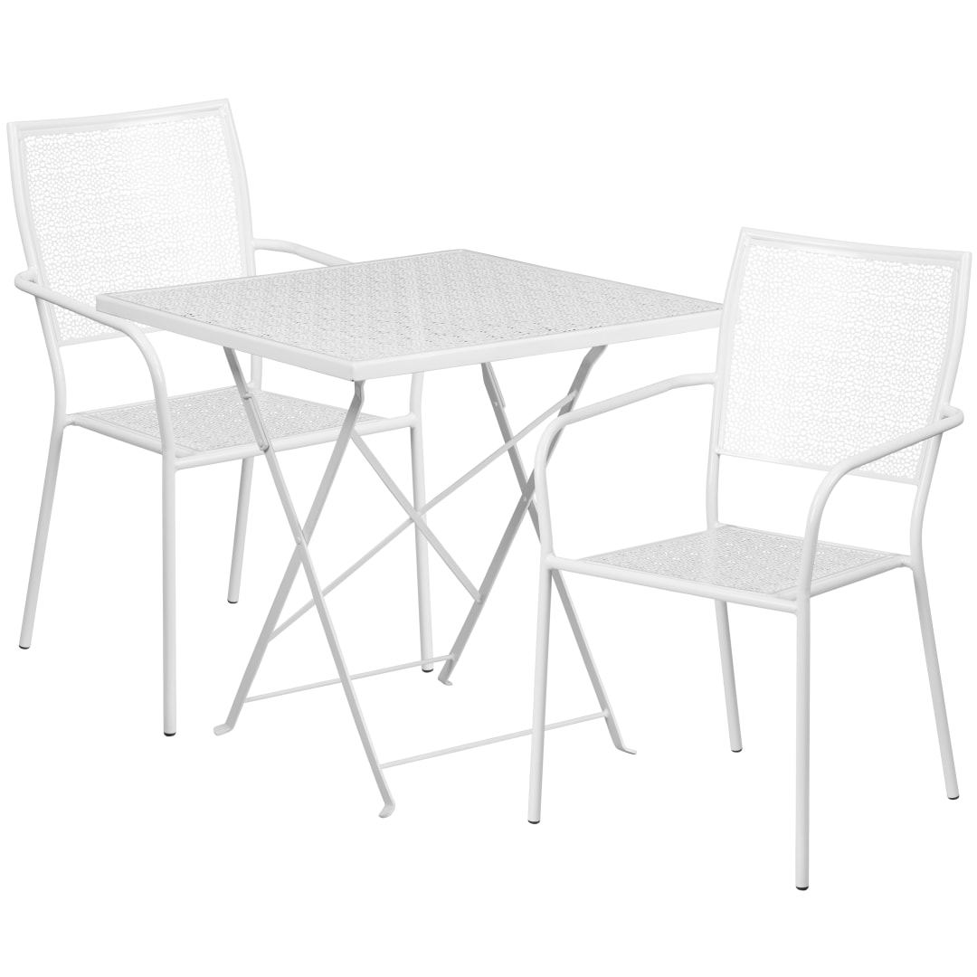 Oia Commercial Grade 28" Square White Indoor-Outdoor Steel Folding Patio Table Set with 2 Square Back Chairs