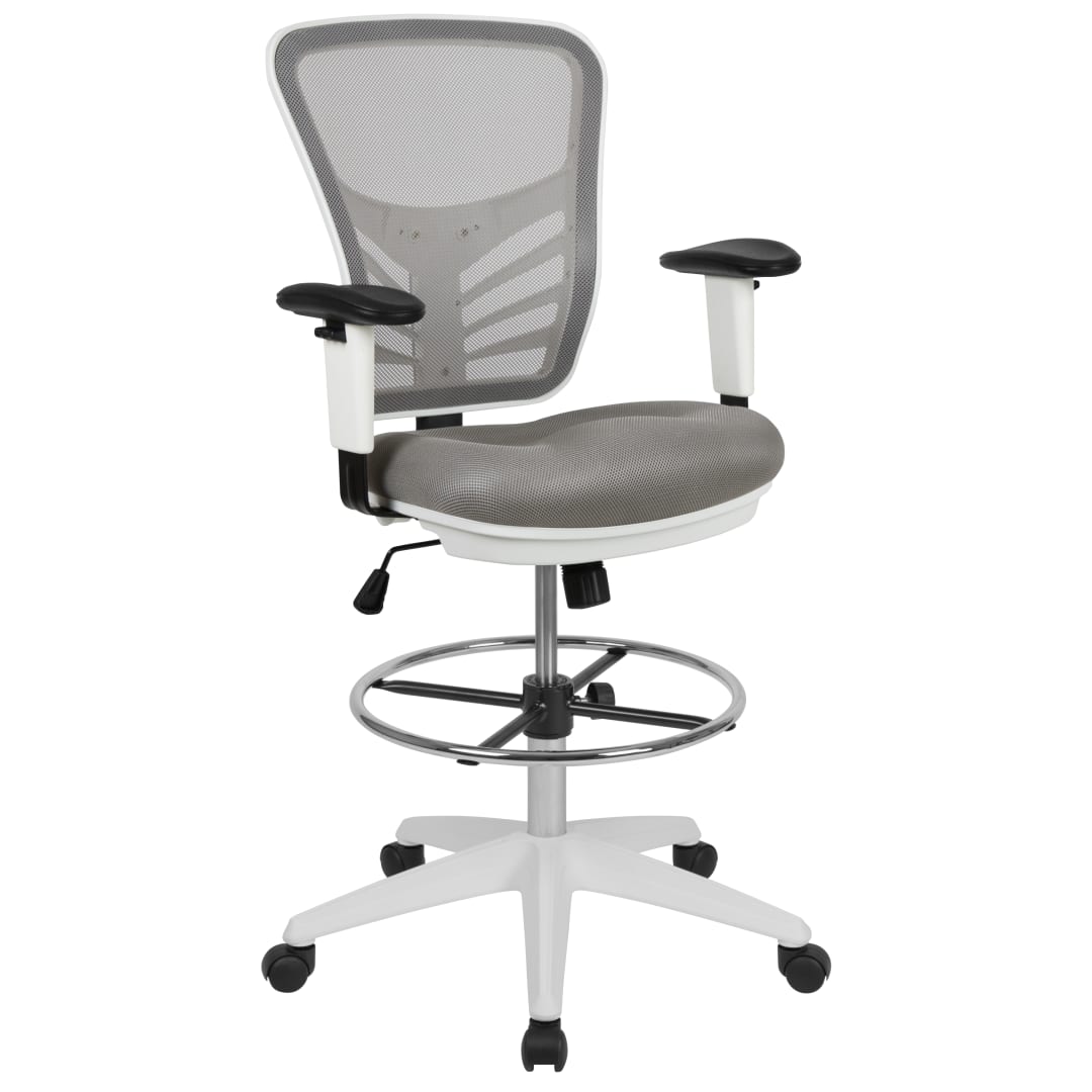 Tyler Mid-Back Light Gray Mesh Ergonomic Drafting Chair with Adjustable Chrome Foot Ring, Adjustable Arms and White Frame