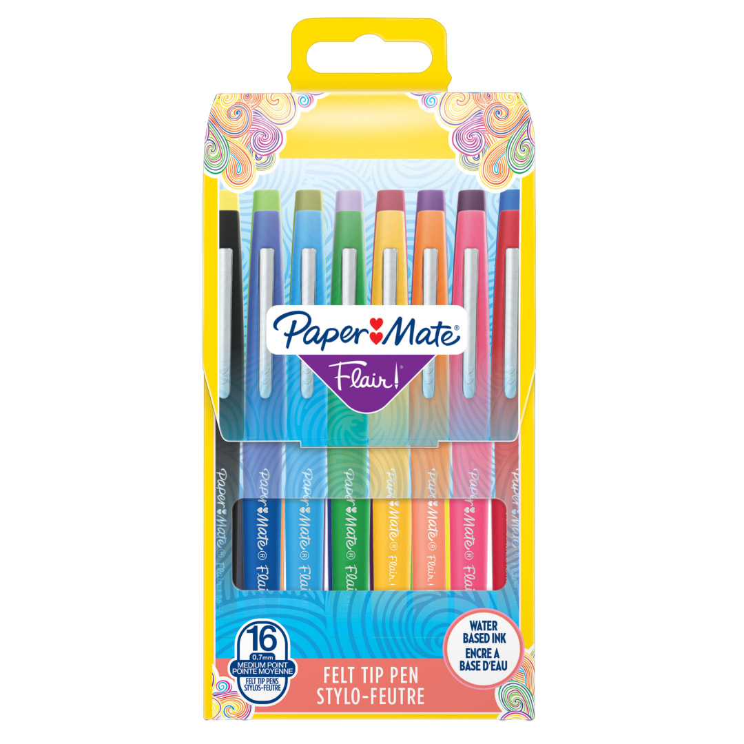 Paper Mate® Flair Felt Tip Pens | Medium Tip (0.7 mm) | Assorted Colours | 16 Count Pouch