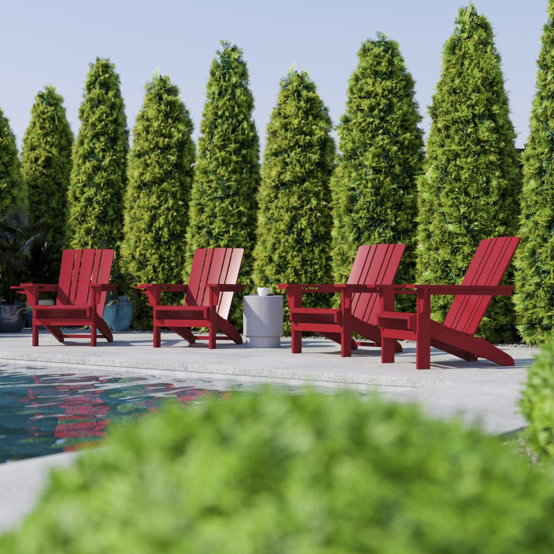 Halifax Adirondack Chair with Cup Holder, Weather Resistant HDPE Adirondack Chair in Red, Set of 4
