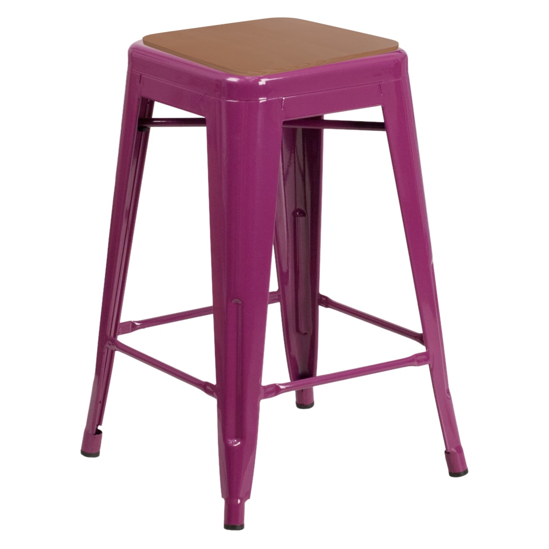Kai Commercial Grade 24" High Backless Purple Metal Indoor-Outdoor Bar Height Stool with Teak All-Weather Polystyrene Seat