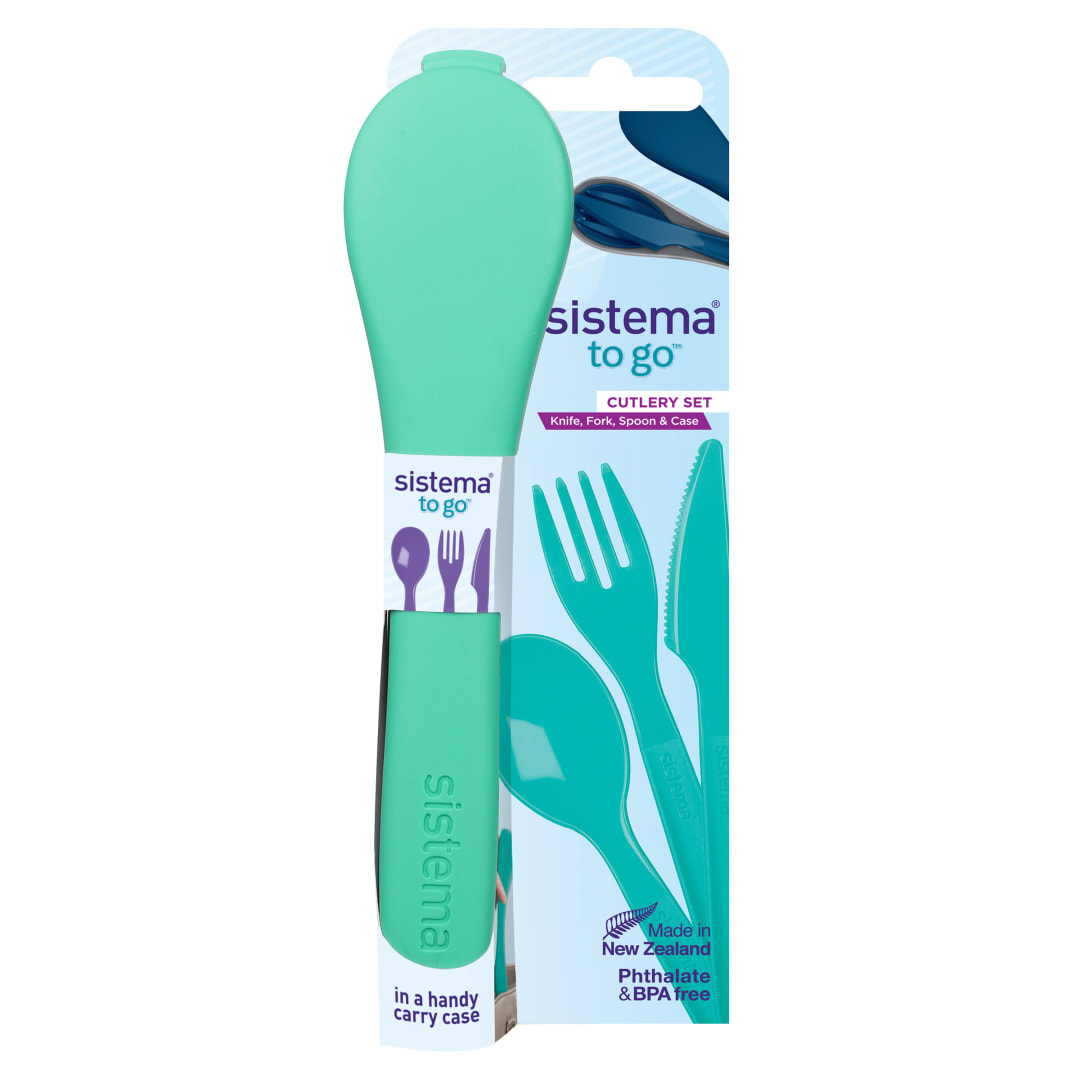 Sistema TO GO juego de cubiertos | Juego de cubiertos para viaje con cuchillotenedor y cuchara | Funda resistente para guardarlos | Plástico sin BPA | Apto para lavavajillas