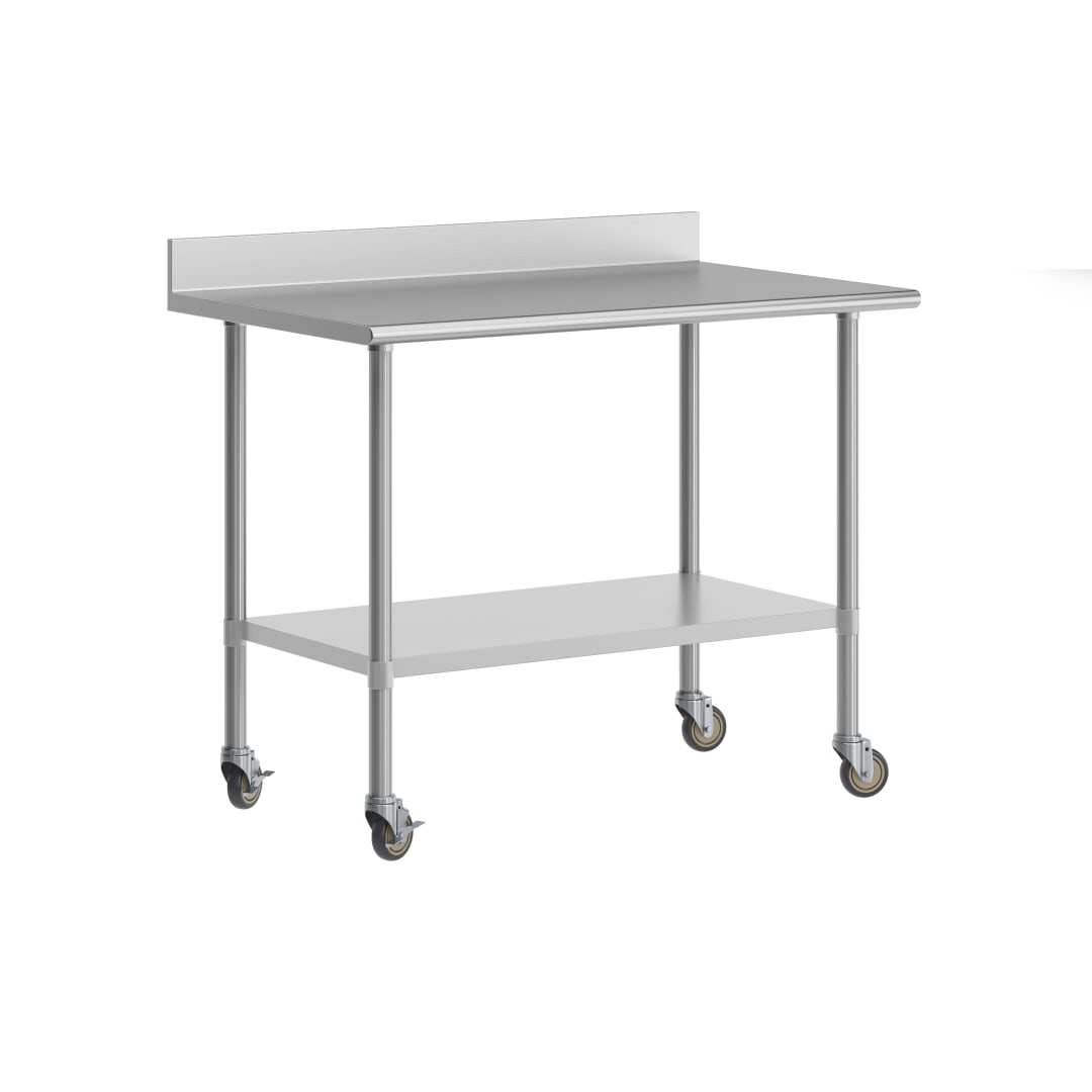 Reese 30" x 48" Prep and Work Table with NSF Certified Stainless Steel Top Shelf, 4" Backsplash, Adjustable Galvanized Steel Undershelf, 4 Casters