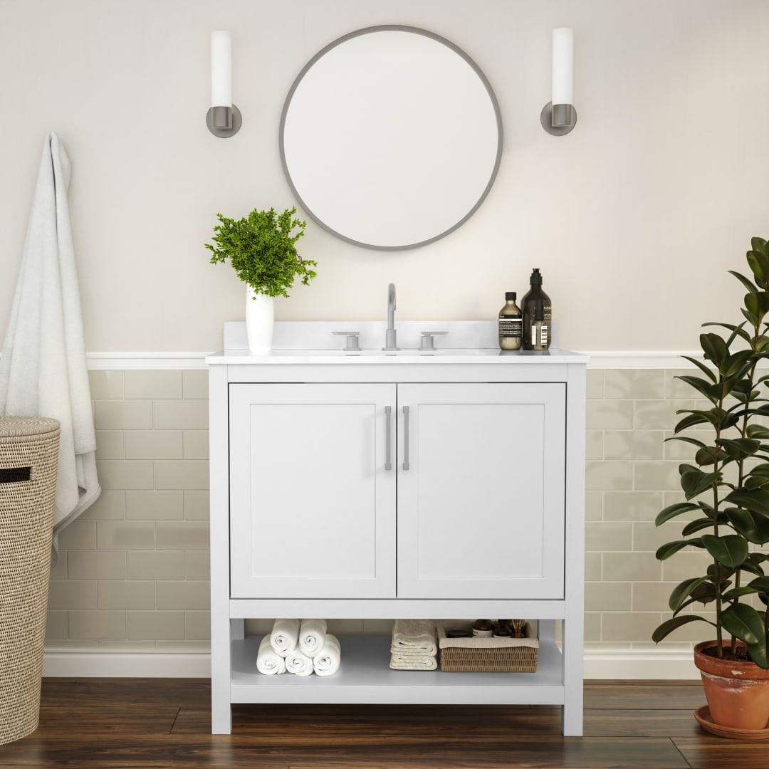 Vega 36 Inch Bathroom Vanity with Sink Combo, Storage Cabinet with Soft Close Doors and Open Shelf, Carrara Marble Finish Countertop, White/White