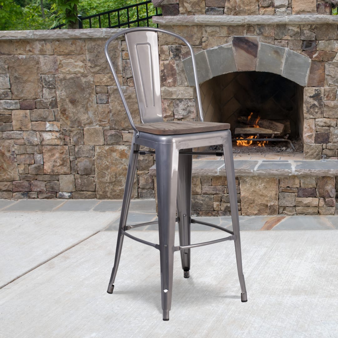 Lincoln 30" High Silver Antique Finish with Clear Coat Barstool with Back and Wood Seat