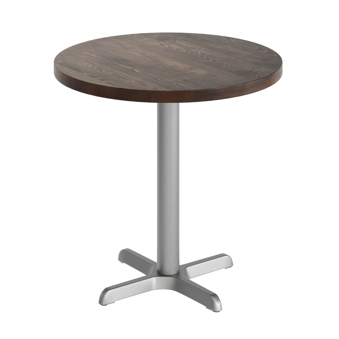 Bennett 30" Round Solid Wood Commercial Indoor Tabletop in Dark Brown with 22" x 22" Table Height Rust-Resistant Silver Cast Iron X-Base