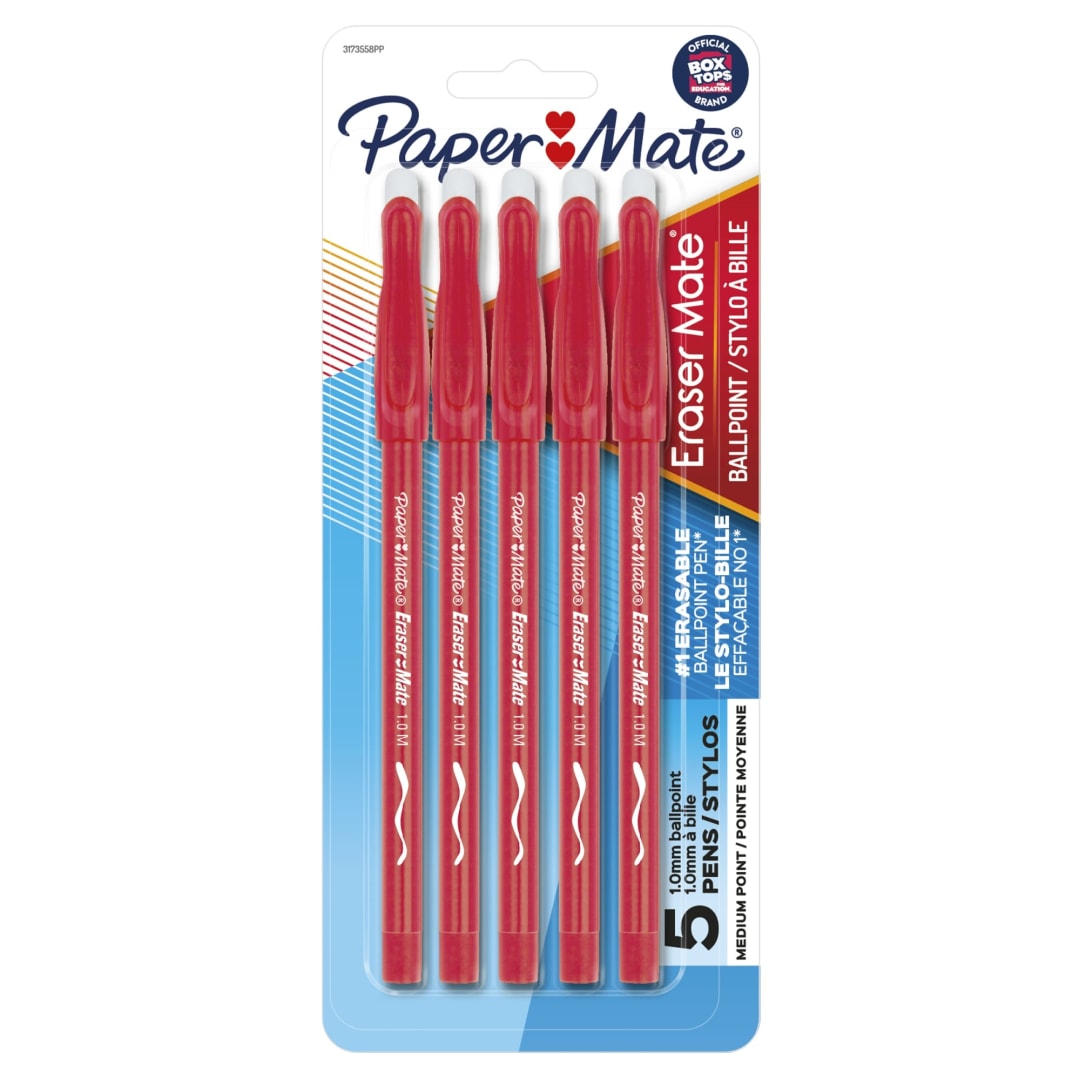 Paper Mate® EraserMate® Pens, 1.0 mm, Medium Point, Red Barrel, Red Ink, Pack of 5 (3173558PP)