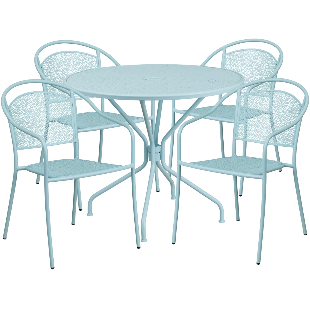 Oia Commercial Grade 35.25" Round Sky Blue Indoor-Outdoor Steel Patio Table Set with 4 Round Back Chairs